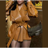 Street Women's Lace Up Leather Jacket Loose Solid Lapel Long Sleeve Belt Jackets Female Spring Lady Vintage Outwears