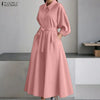 Plus Size Women Stylish Belted Pleated Maxi Dresses Long Sleeve Lapel Half Buttons Solid Color Long Dress Streetwear 5XL