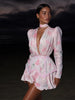 Women's Pink Floral Print Puff Sleeve Dress With Waistband Deep V-neck Chic Satin Ruffled Hem Mini Dress Elegant Sexy Robes