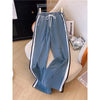 Pant Set Women Two Piece Sets Denim Splice Zipper Matching Sets Casual Coats Wide Leg Long Pants Lace Up Elastic Waist