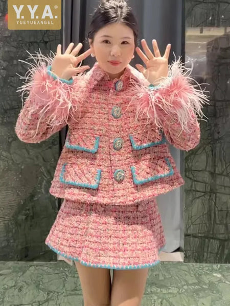 Women Auutmn Winter Sweet Feather Single Breasted Tweed Short Jacket High Waist A-Line Skirt Offce Ladies Two Piece Set