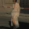 Sexy Lace Printed White Dress For Women See-Through Hollow Out Full Sleeve V Neck Slit Slim Maxi Dress Evening Party Club Outfit