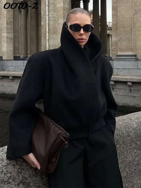 Edgy Stand Collar Woolen Women Coat Street Loose Long Sleeve Button Black Female Jacket Casual Autumn Winter Lady Outwear
