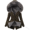 Women Parkas Hooded Long Sleeve Slim Fit Coats Button Solid Zipper Splice Parka Tight Wait Outerwear Thick Warm Fur Collar