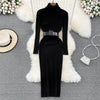 Elegant Turtleneck Long Sleeve Knit Soft Tight Pencil Dress with Belt Slim Warm Sweater Vestido Sexy Women Winter Robe