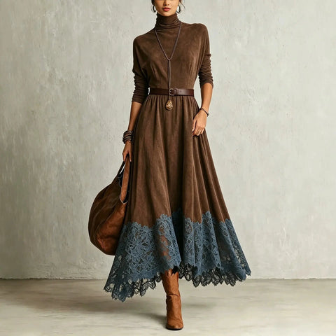 Elegant Faux Suede Maxi Dress for Women Spring Autumn Vintage Turtleneck Lace Hem Long Dress High Waist A-line Evening Dresses