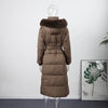 Elegant Fur Collar Hood Belt Long Cotton Jacket Women Zipper Drawstring Waist Parka Down Coat Winter Lady Warm Chic Outwear
