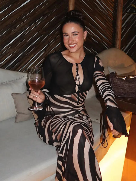 Women Zebra Stripe Long Dress Elegant Lace Up Full Sleeve Slim-fit Robes Evening Party Lady Vestidos
