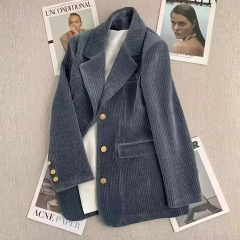 Women Corduroy Blazer Coat Spring Autumn Long Sleeve Single-breasted Elegant Office Waist Casual Ladies Suit Coat Female Top