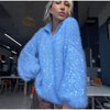 Women Fuzzy Sequin Knit Zip Up Cardigan Stand Collar Long Sleeve Oversized Loose Sweater Jacket Streetwear Outerwear