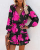 Women's Long Sleeve Mini Dress V-neck Drawstring Leopard Printed Waist Tied Dress Elegant Office Lady Dresses For Women