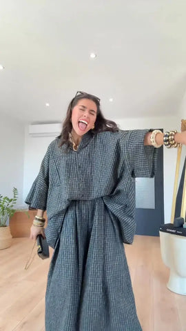 Loose Plaid Shirt Pants Two-piece Set Three Quarter Sleeve Oversize Blouses Wide Leg Pants Suit Women Casual Sets