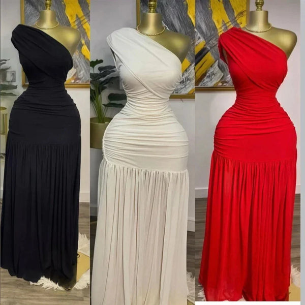 Women One Shoulder Skew Neck High Split Pleated Hem Bodycon Long Maxi Dress Evening Sexy Club Party Long Maxi Dresses