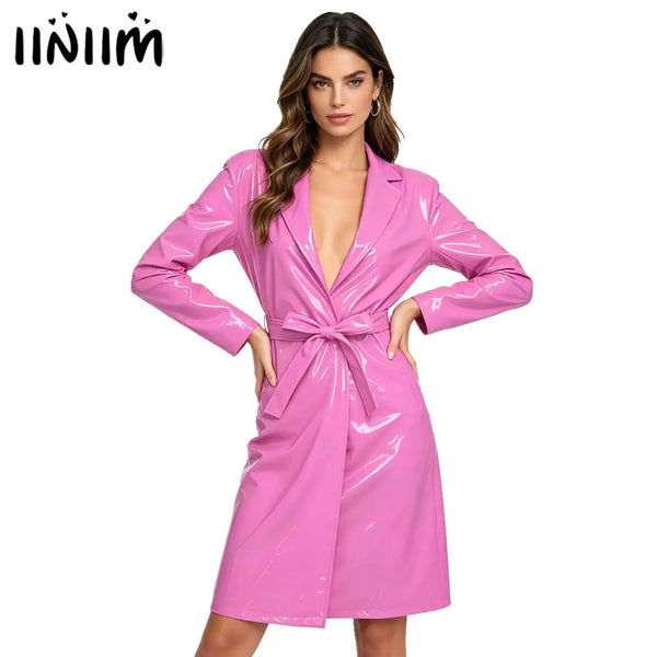 Adults Womens Glossy Open Front Long Jackets with Belt Long Trench Coat Blazer Lapel PU Leather Overcoat Streetwear Clubwear
