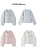 French White Tweed Crop Jacket for Women Autumn Elegant Slimming Decor Button Coat Woman Round Neck Long Sleeve Outerwear