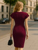 Women Crew Neck Ruffle Vintage Slim Work Office Cocktail Party Knee Length Sheath Bodycon Pencil Slim Dress