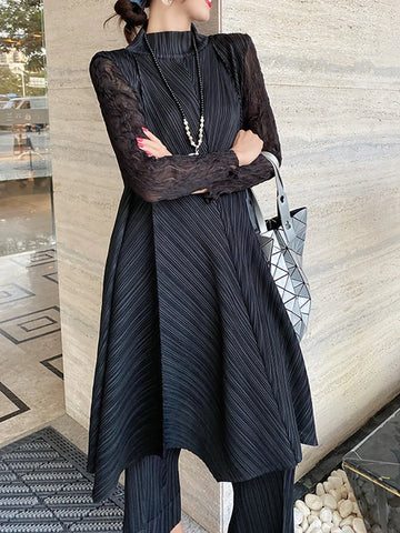 Sets Women Pleated Two Piece Set Fall Winter Loose Casual Suit Lace Long Dress Top Pencil Pant Clothes