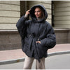 Hooded Batwing Sleeve Tie Waist Puffer Coat Fit Quilted Warm Winter Women Street Outerwear Chic Casual Outfit