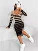 Women's Casual Maxi Dress Striped Color-Block Square Neck Long Sleeve Waist Cinched Skirt with Slit Comfortable Long Skirt