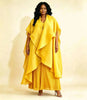 Yellow Women's Pleated Set Draped Cape Overlay Maxi Dress And Wide Leg Long Pants Two Pieces Sets Elegant 2DB7706
