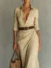 Women's Elegant Gingham Belted Lapel Shirt Dress Long Sleeves Buttoned Urban Casual Office Work Maxi Dresses