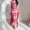 Lady Elegant V-neck Draped Wrap Hip Dress Stripes Print Tassel Splicing Party Dress Casual Long Sleeve Split Long Dress
