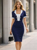 Women’s Retro Work Button Notched Neck Contrast Patchwork Knee Length Dresses Business Office Elegant Bodycon Sheath Dress