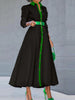 Plus Size Women Color Block Shirt Maxi Dress,Long Sleeve Collared Button Front High Slit Flowy Long Dress With Green Belt,Elegan