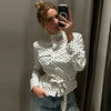 Crop Polka Dot Jacket Women's Bomber Jacket Spring Women's Belt Pockets Button Long Sleeve Top Outdoor Outerwears