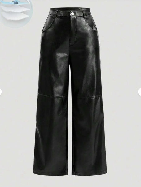 Womens casual elegant vacation solid color directional PU synthetic leather European and American pants
