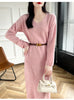 100% Merino Wool Women Long Dress Sweater V-Neck Pullover Long Dress Versatile Cashmere Knitwear Bottoming Clothing