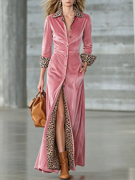Vintage Women Velvet Shirt Maxi Dress Leopard Print Patchwork Long Sleeve Single Breasted High Slit Elegant Party Long Dresses