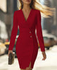 Spring and Autumn Women's Long Sleeve Dress High Waist Slim V-neck Office Elegant Hip Mini Short Skirt