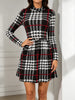 Women Autumn Winter Vintage Plaid Dress Funnel Neck Long Sleeve Elegant Mature Versatile Casual Party Midi Dress