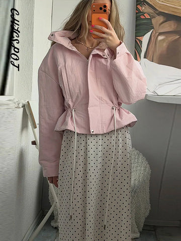 Printed Oversized Drawstring Waist Jackets Women Street Stand Collar Full Sleeve Zipper Slim Coats Autumn Chic Ladies Outerwears