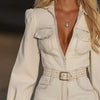 Autumn Women's Lapel Long Sleeved Mini Dress Tassel Patchwork High Waisted A-line Dress Solid Pocket Commuting Dress