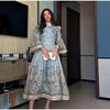 Floral Print Women Dress Button Down Mock Neck Maxi Dresses Long Lantern Sleeve A-Line Waist Belt Flared Hem Elegant Streetwear