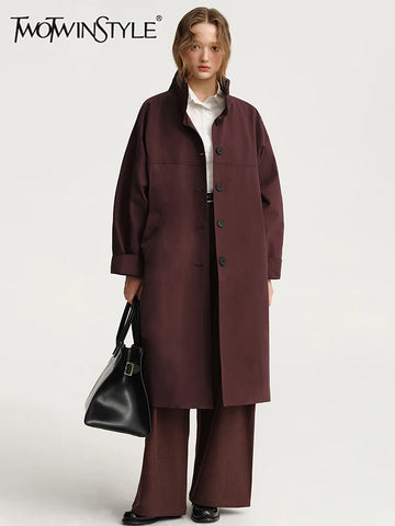 Solid Casual Trench For Women Stand Collar Long Sleeve Patchwork Single Breasted Temperament Long Coats Female