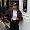 Retro Solid Lace Up Leather Short Jackets Women Chic Lapel V-neck Waist Cinching Cropped Jackets Lady Daily High Street Outwear