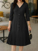 Elegant Women's Pleated Midi Dress Casual V-Neck 3/4 Sleeve Button Up A-Line Dresses Office Commuting Wear Woman Clothing