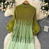Tassel Patchwok Color Block Dress for Women Pleated Puff Sleeve Mid-calf Dresses Female Autumn