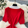 French Style Vintage Panelled Moda Dress Turn-down Collar Puff Sleeve Slim Vestidos Elegant Vent Knit Femme Robe