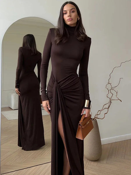 Turtleneck Thigh High Split Sexy Maxi Dress For Women Long Sleeve Draped Bandage Bodycon Club Long Dress