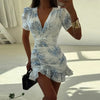 Women Sexy Flora Painted Ruffle Slim Dress Chic Deep V-neck Double Layered Ruffled Hem Dresses Lady Daily Party Gowns
