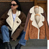 French Vintage Lamb Wool Women Coat Patchwork Full Sleeve Lapel Parka Coat Loose Winter Warm Jacket Thicken Pocket Lady Overcoat