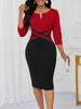 Womens Elegant Front Zipper Work Office Knee Length Colorblock Business Casual Party Bodycon Sheath Dress