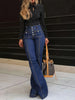 Women Jeans Flare Pants High Waist Streetwear Pockets Buttons Trousers Autumn Female Casual Stretch Denim Floor Length