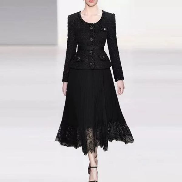 Elegant Women U Collar Long Sleeve Pleated Midi Dress Runway Spring Tweed Patchwork Chiffon Lace Trims Belt Party Vestidos