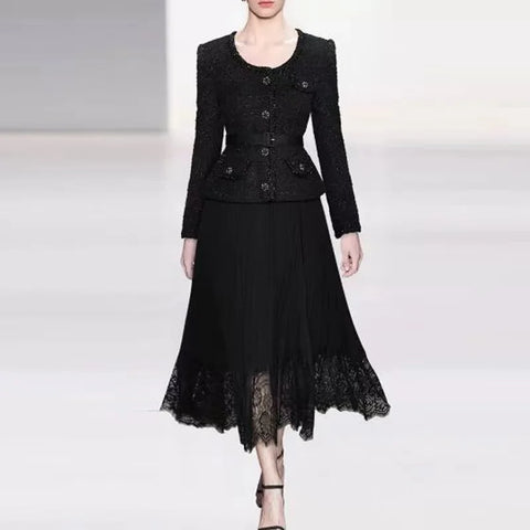 Elegant Women U Collar Long Sleeve Pleated Midi Dress Runway Spring Tweed Patchwork Chiffon Lace Trims Belt Party Vestidos