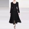 Elegant Women U Collar Long Sleeve Pleated Midi Dress Runway Spring Tweed Patchwork Chiffon Lace Trims Belt Party Vestidos